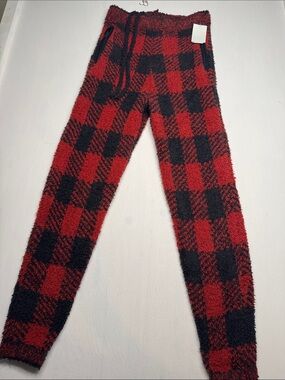 SKIMS Red and Black Buffalo Plaid Fuzzy Jogger PJs